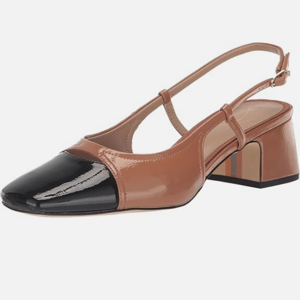 NWT Sam Edelman Womens Tarra Camel/Black Patent Slingback Heels Size 9